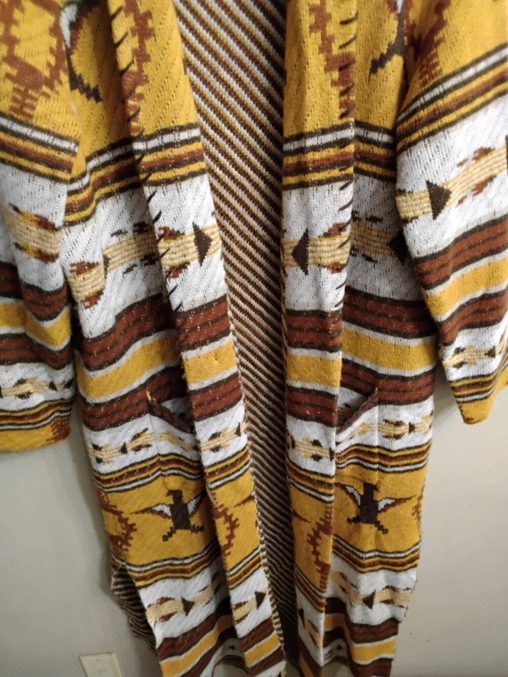 Cruel Mustard Yellow Aztec Print Sweater Duster Cardigan XL Long - Picture 5 of 9